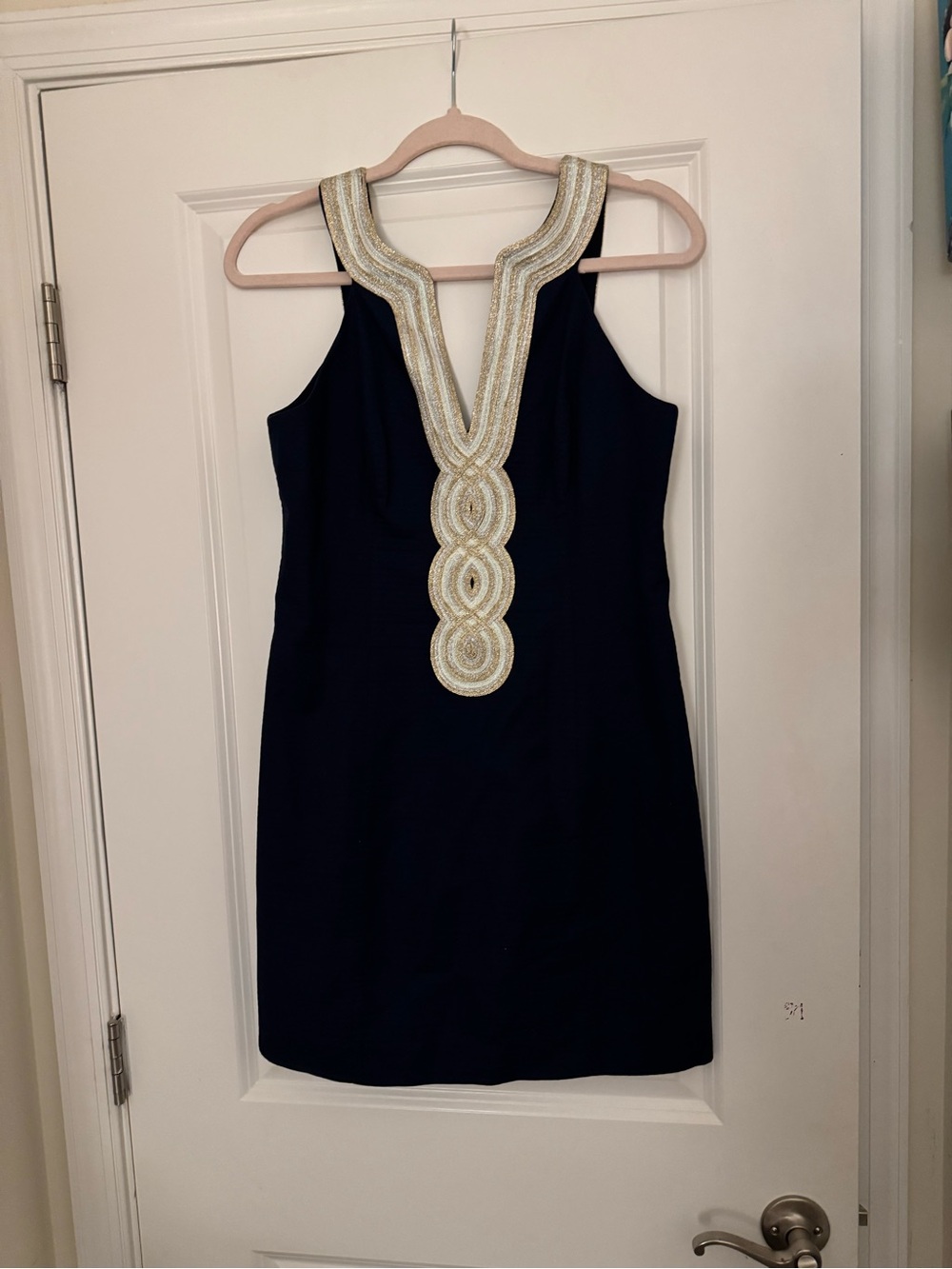 Lilly Pulitzer Navy Dress with Gold Embellished V-Neck